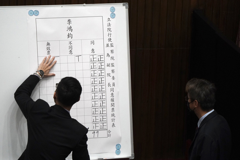 立法院會24日進行監察院副院長被提名人李鴻鈞的人事同意權投票表決，李鴻鈞拿下99張同意票、不同意票2張、無效票1張。 (圖：中央社)