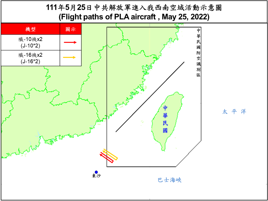 空軍25日晚間發布共機動態，4架共機(2架殲10戰機、2架殲16戰機)侵擾台灣西南防空識別區(ADIZ)。(圖:國防部)