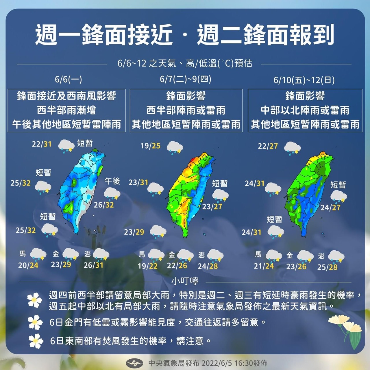 中央氣象局表示，第三波梅雨鋒面已來到台灣北部海面，預估從7日起一連3天，為台灣西半部帶來長時間的降雨。（ 中央氣象局提供）