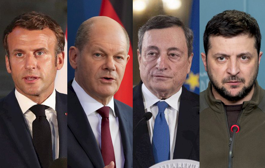 法國總統馬克宏(左起)、德國總理蕭茲和義大利總理德拉吉，預計前往烏克蘭會晤澤倫斯基表示支持。(資料合成照/AFP)