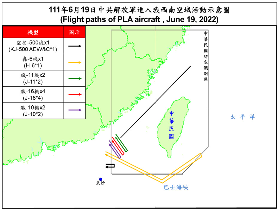 空軍19日晚發布共機動態，10架共機侵擾台灣西南防空識別區(ADIZ)，其中轟6機深入台灣南方及東南空域。(國防部提供)