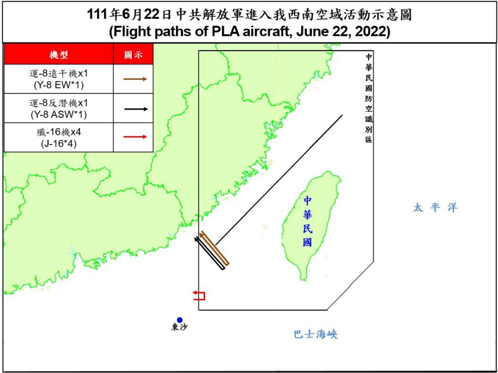 空軍22日晚間發布共機動態，共有6架次共機侵擾台灣西南防空識別區(ADIZ)。(圖:國防部)
