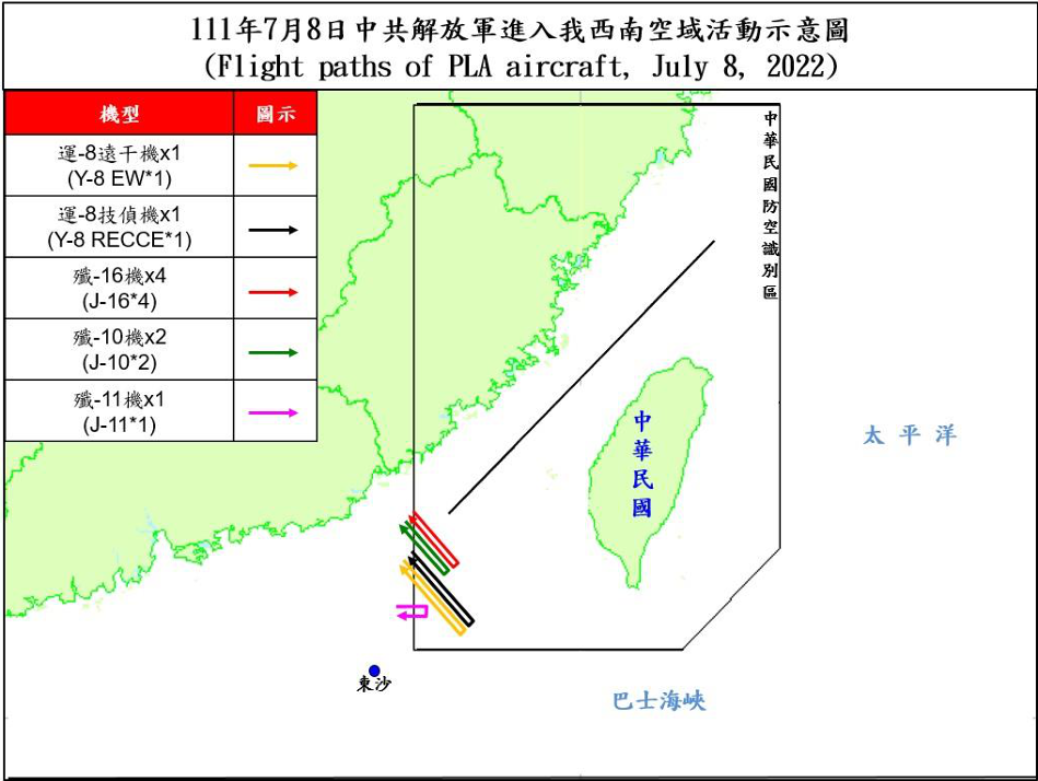 空軍8日晚間發布共機動態，9架共機侵擾台灣西南防空識別區(ADIZ)，包括1架運8遠干機、1架運8技偵機、4架殲16機、2架殲10機、1架殲11機。(圖:國防部)