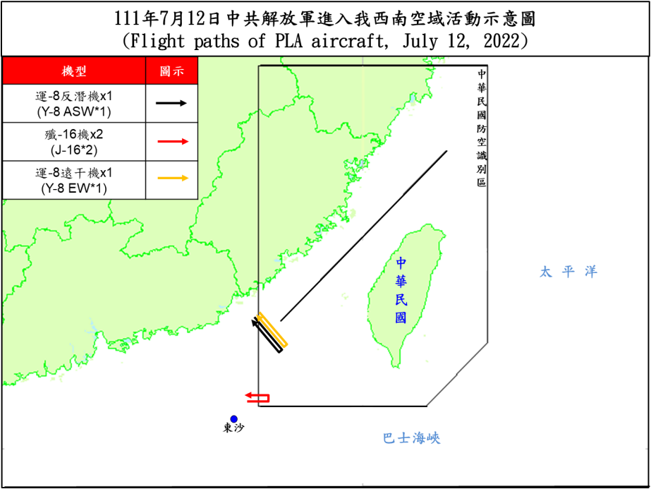 空軍12日晚間發布共機動態，4架共機(1架運8反潛機、1架運8遠干機、2架殲16戰機)侵擾台灣西南防空識別區(ADIZ)。(圖:國防部)