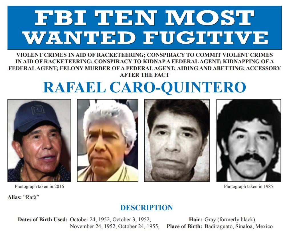 美國聯邦調查局（FBI）10大通緝要犯之一卡洛昆特羅（Rafael Caro Quintero）。 (圖:FBI)