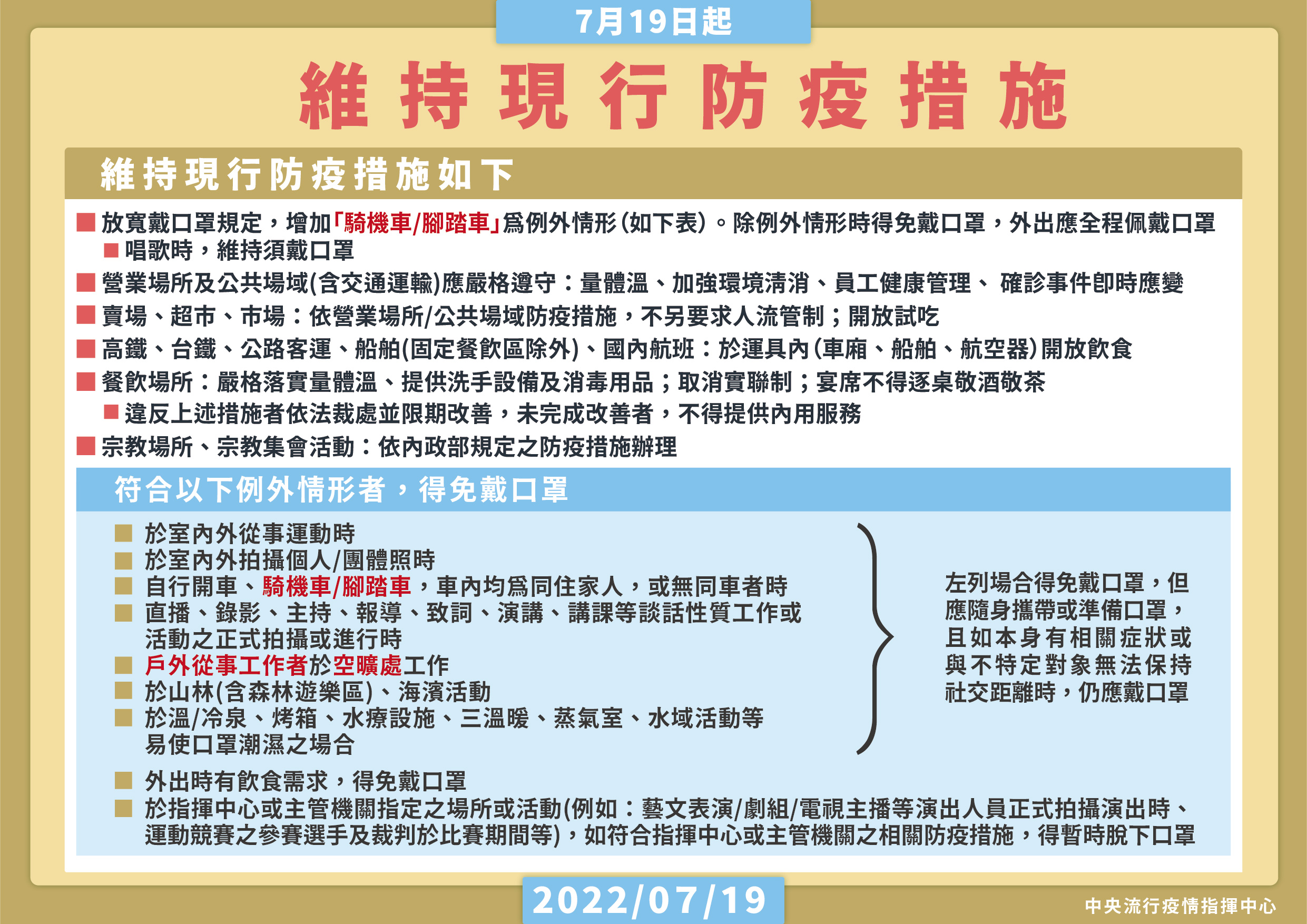 指揮中心放寬騎車、戶外工作者免戴口罩。(指揮中心提供)