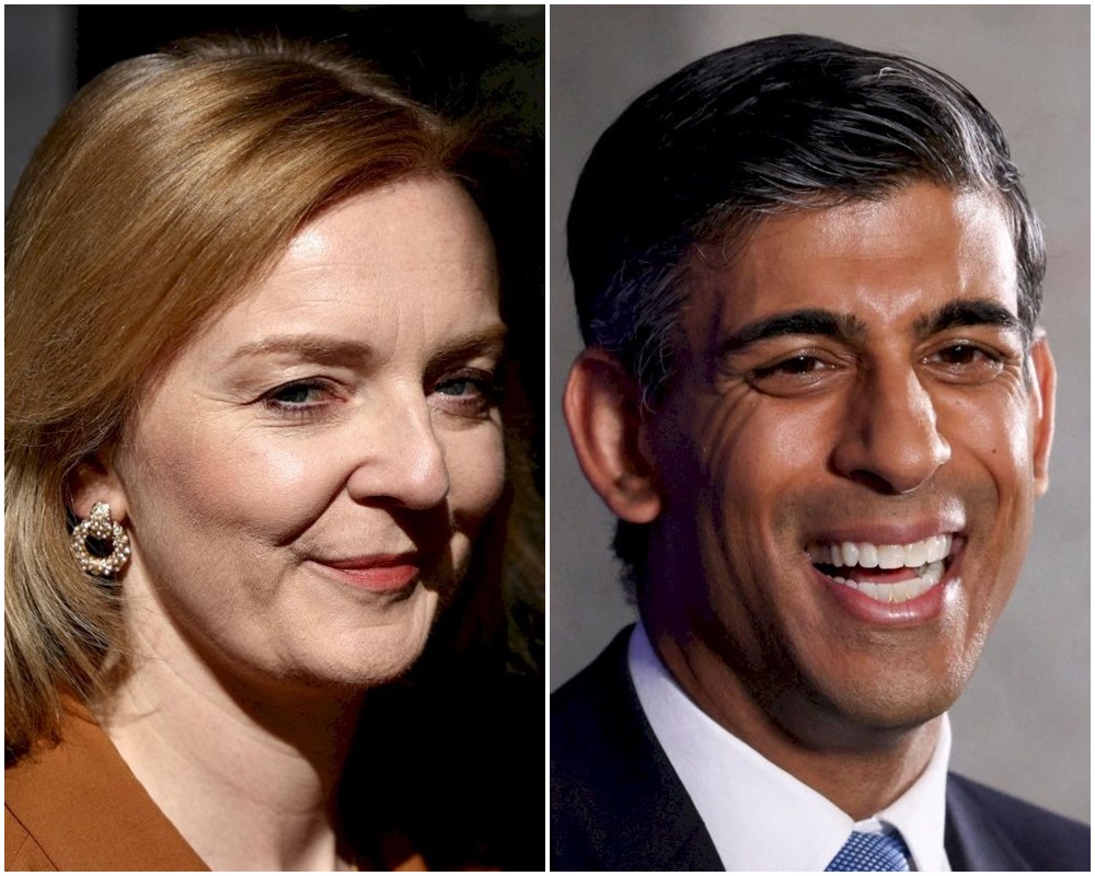 英國前財政大臣蘇納克(Rishi Sunak)(右)和外交大臣特拉斯(Liz Truss)(左)進行首相爭奪戰。(路透社/達志影像)