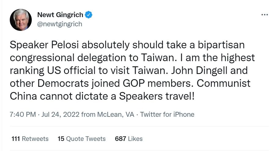 中國警告裴洛西不得訪台，前議長金瑞契推文怒嗆。 (圖:推特@newtgingrich)
