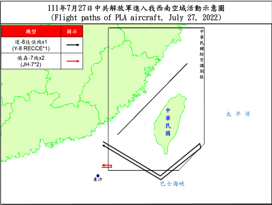 空軍27日傍晚發布共機動態，3架共機(1架運8技偵機、2架殲轟7)侵擾台灣西南防空識別區(ADIZ)。(圖:國防部)