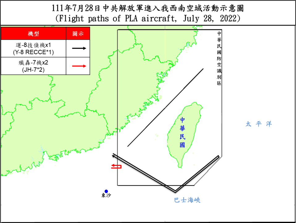 空軍28日晚上發布共機動態，今天有3架共機(1架運8技偵機、2架殲轟7)侵擾台灣西南防空識別區(ADIZ)。(圖:國防部)