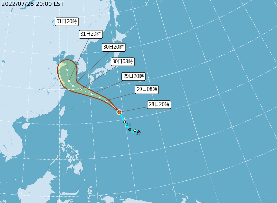 中央氣象局28日晚間發布颱風形成訊息，原位於硫磺島南南西方海面的熱帶性低氣壓，晚間8時發展為輕度颱風，為編號第5號桑達(國際命名：SONGDA)。(圖:中央氣象局)