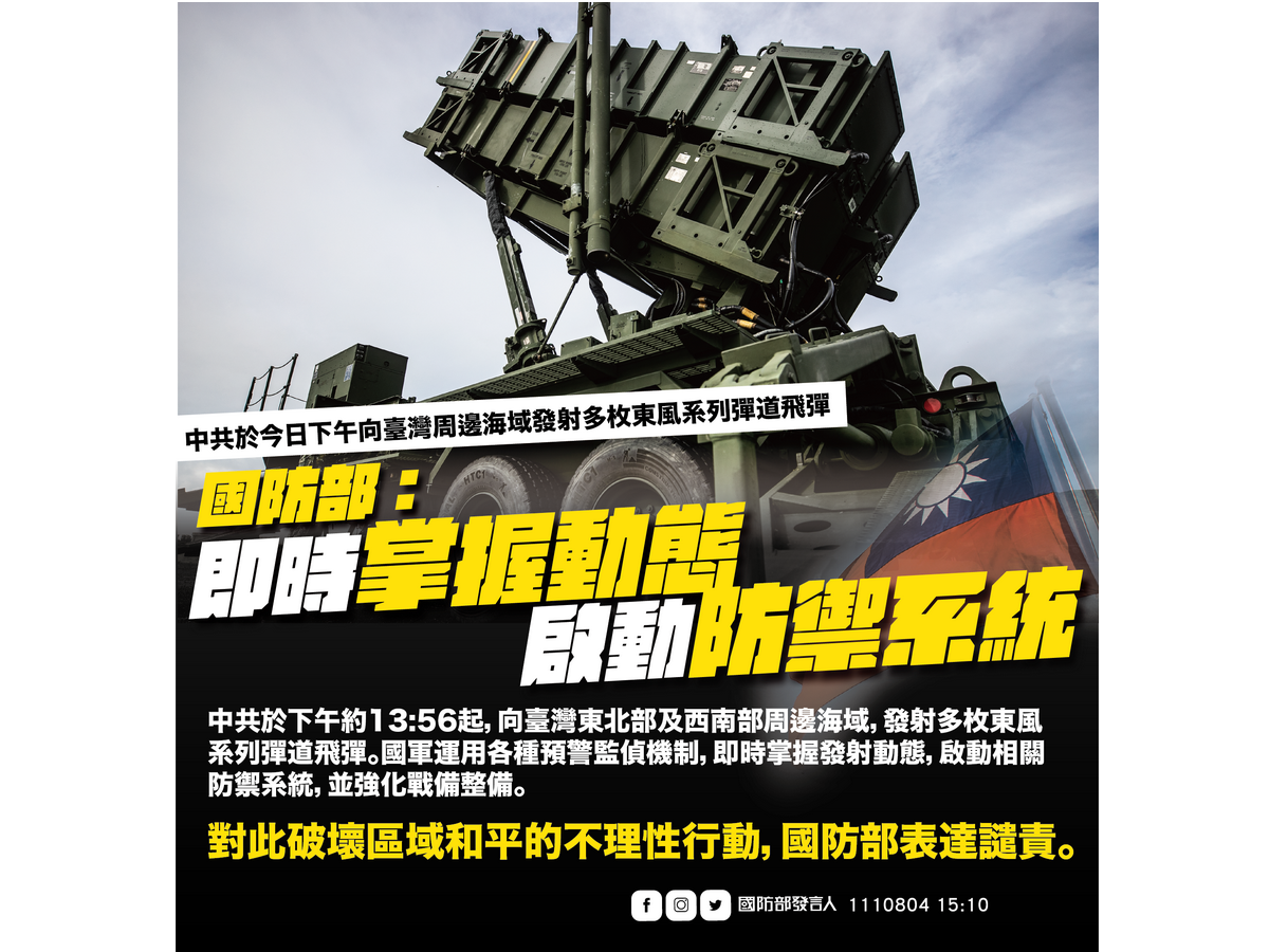 國防部表示，國軍運用各種預警監偵機制，即時掌握發射動態，啟動相關防禦系統，強化戰備整備 (國防部提供)