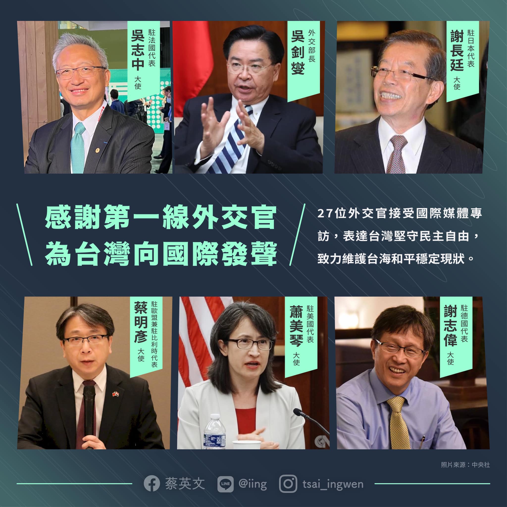 中共藉美國眾議院議長裴洛西訪台對台威脅，我多名外交官在海外為台灣發聲。(蔡英文臉書)
