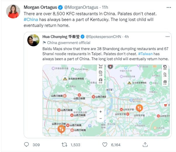 美國國務院前發言人歐塔加斯反譏，「中國有超過8,500家肯德基，口味最誠實。中國一直都是肯塔基州的一部分，失散多年的孩子終將回家。」(推特)