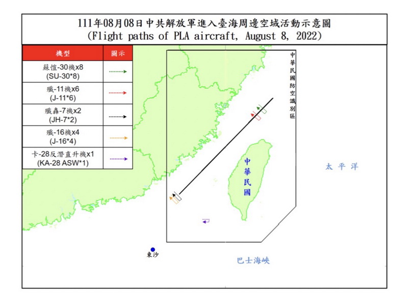 空軍司令部8日晚間公布「台海周邊空域空情動態」，共機逾越海峽中線及其延伸線進入西南空域21架次 (國防部提供)