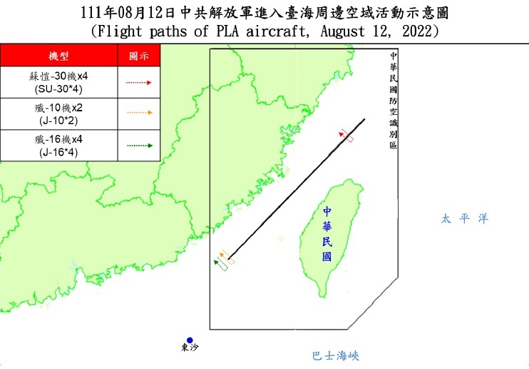 國防部12日表示，統計截至下午5時止，偵獲共機24架次，其中逾越海峽中線及其延伸線進入西南空域10架次，另有共艦6艘次，持續在台海周邊活動。(圖：國防部)