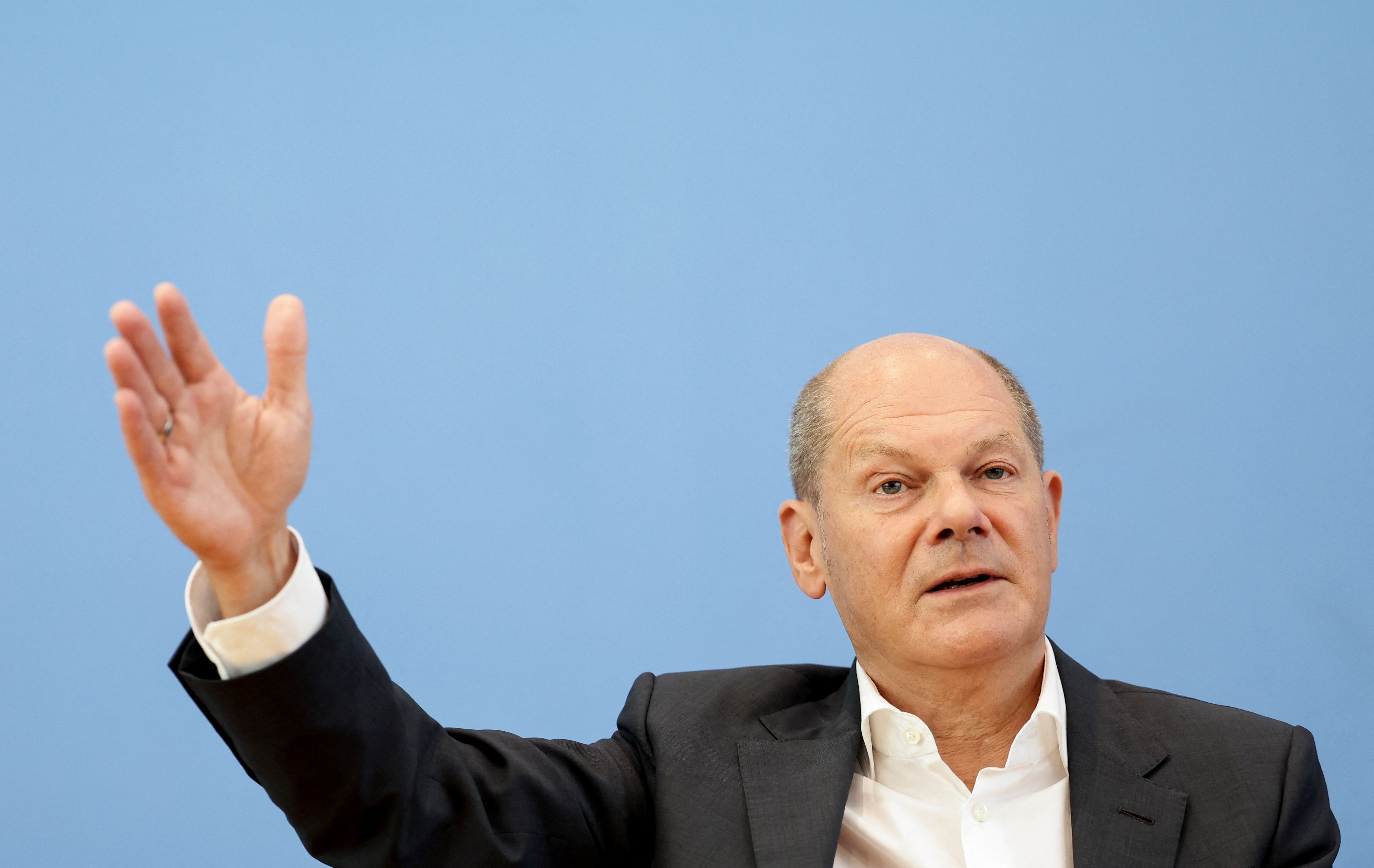 德國總理蕭茲(Olaf Scholz)11日召開夏季記者會。(路透社/達志影像)