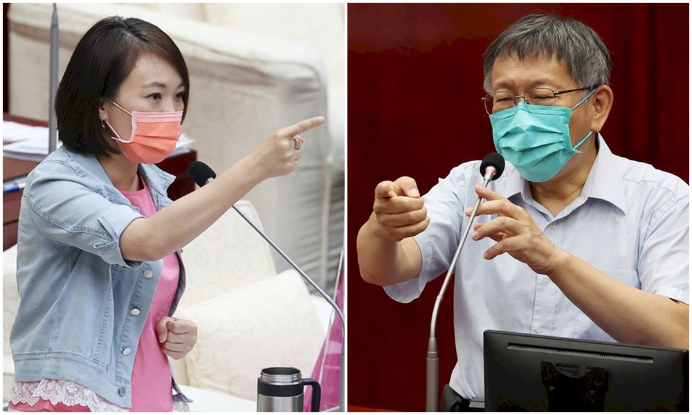 民眾黨立委蔡壁如遭質疑在職專班論文不當引用，民進黨台北市議員簡舒培（左）15日在議會質詢市長柯文哲。(中央社)