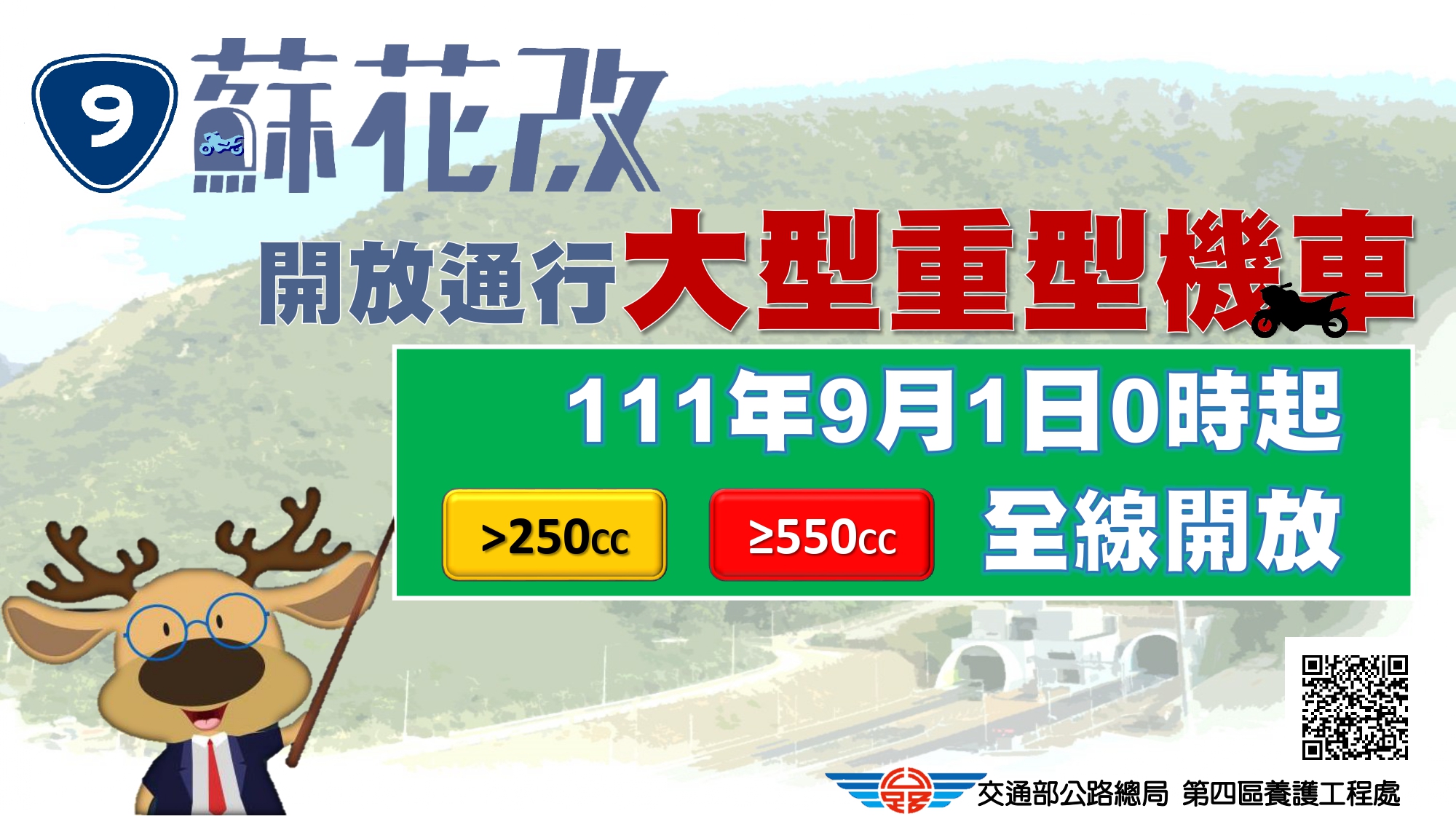 251C.C.以上大型重型機車將於9月1日起開放通行於蘇花改路段。(圖:公路總局)