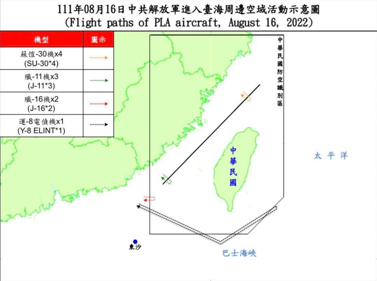 國防部16日表示，迄傍晚5時止，偵獲共機17架次，另有共艦5艘次，持續於台灣周邊海空域執行聯合戰備警巡。(國防部提供)