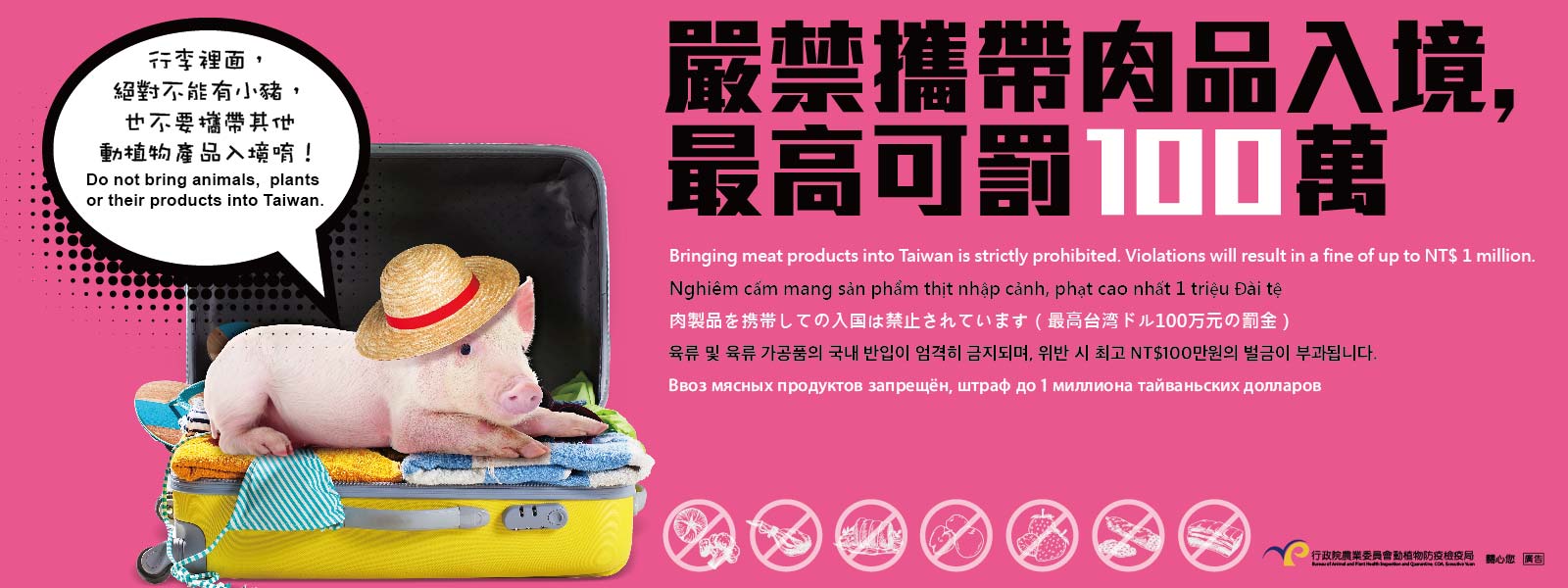 為防止非洲豬瘟疫情，攜豬肉製品入台最高罰百萬。(圖:非洲豬瘟資訊專區)