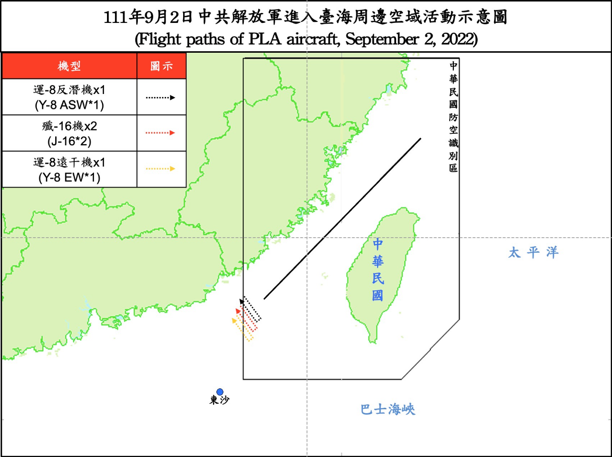 國防部2日指出，統計截至下午5時止，偵獲共機19架次、共艦3艘次，持續於台灣周邊海空域活動。(圖:國防部提供)