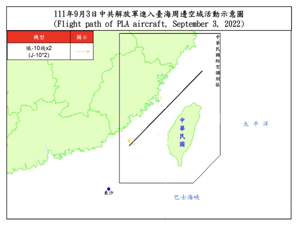 2架次殲10戰機逾越台灣海峽中線南端。(圖：國防部)