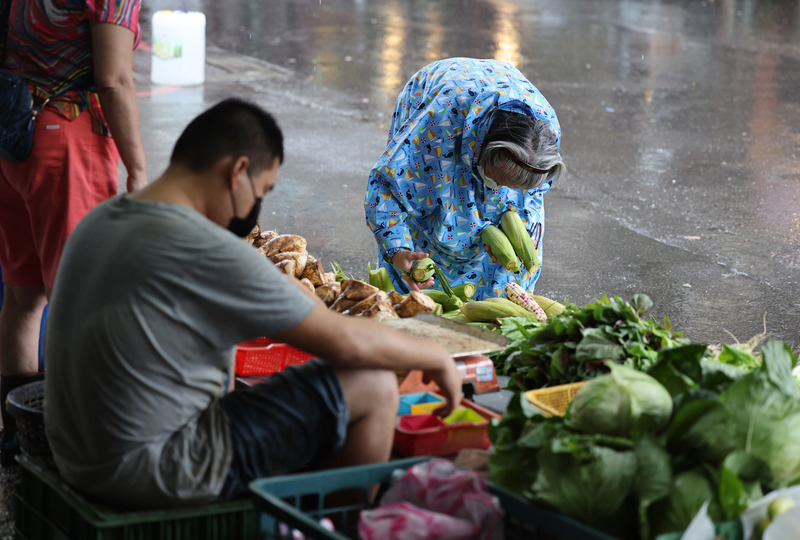 颱風軒嵐諾襲台，4日為北台灣帶來大雨，受到預期心理影響，菜價稍漲，預估天氣放晴後，菜價就會回穩。圖為民眾到北市內湖區的傳統市場採購買蔬菜。 (圖：中央社)