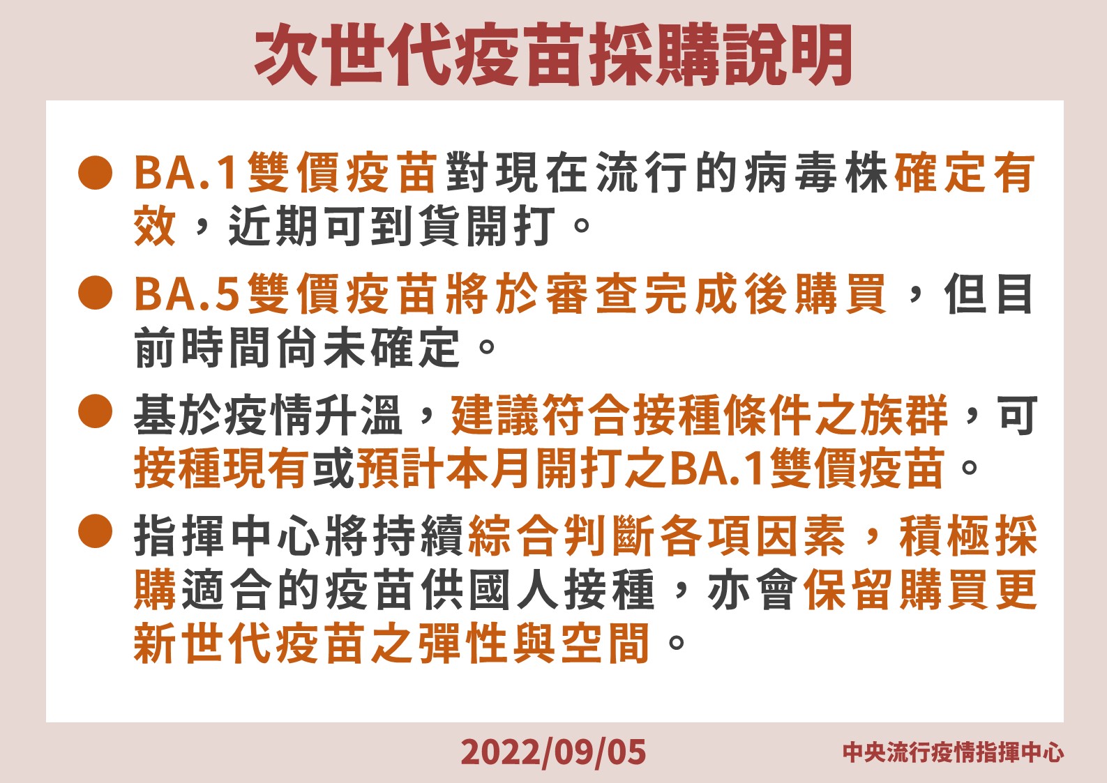 指揮中心呼籲民眾先打既有疫苗與月底開打的BA.1次世代疫苗。(指揮中心提供)