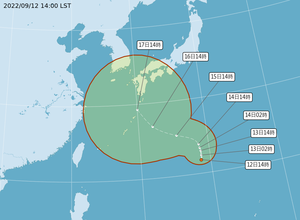 預估熱帶低壓最快可能在14日增強為今年第14號颱風南瑪都。(中央氣象局提供)