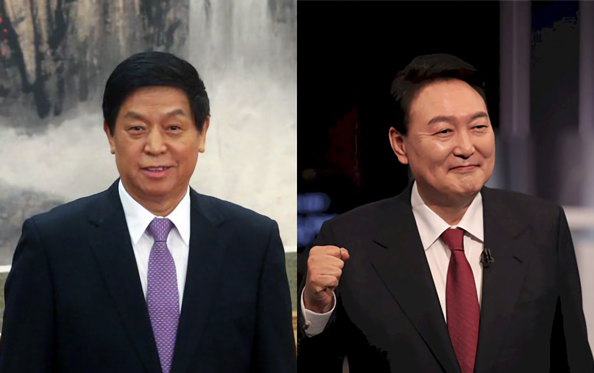 中國全國人大常委會委員長栗戰書(左)15日將抵達南韓首爾，預計將與南韓總統尹錫悅(右)會面。(資料合成照/圖:中央社)