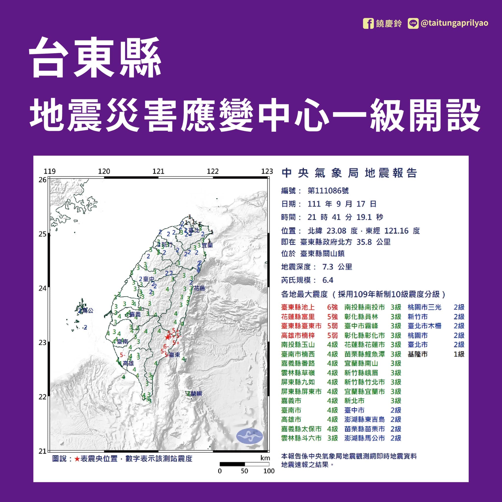 台東縣府應變中心一級開設。(臉書)