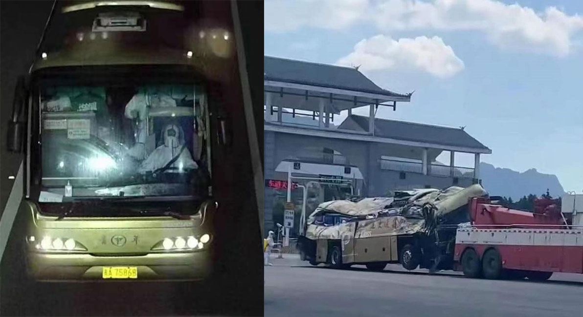 左圖：2022年9月18日淩晨，高速公路的監控畫面顯示，出車禍前的貴州轉運大巴。右圖：肇事車輛翻落路邊深溝，車身嚴重變形。（微博）