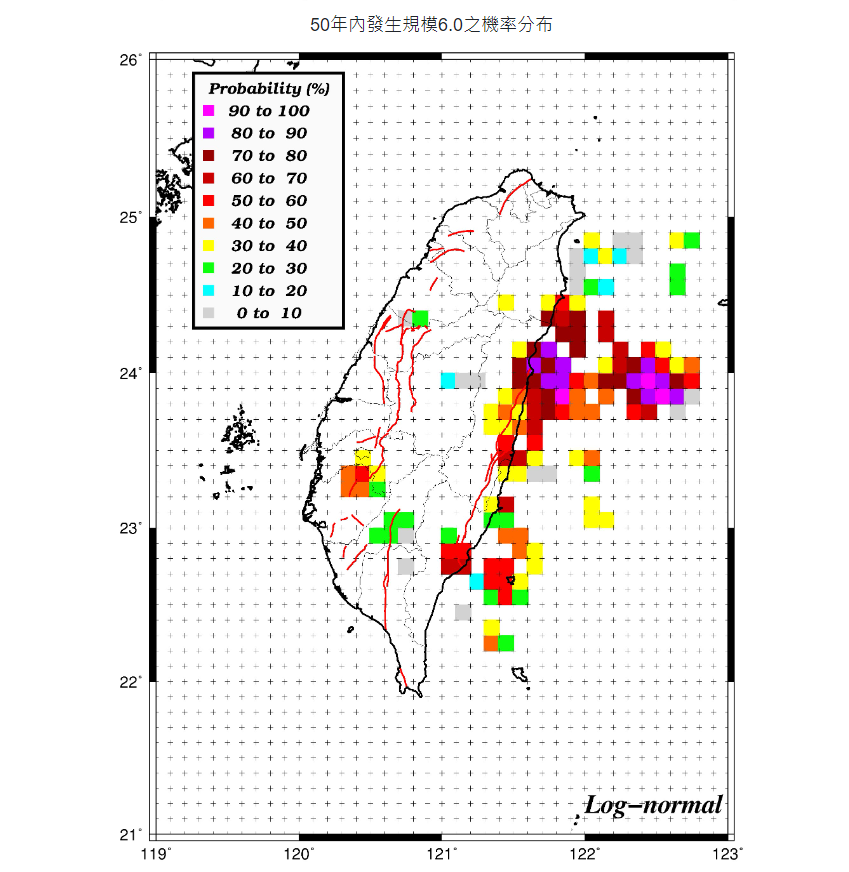 中央氣象局監測未來50年內發生規模6以上地震機率圖。(圖：中央氣象局)