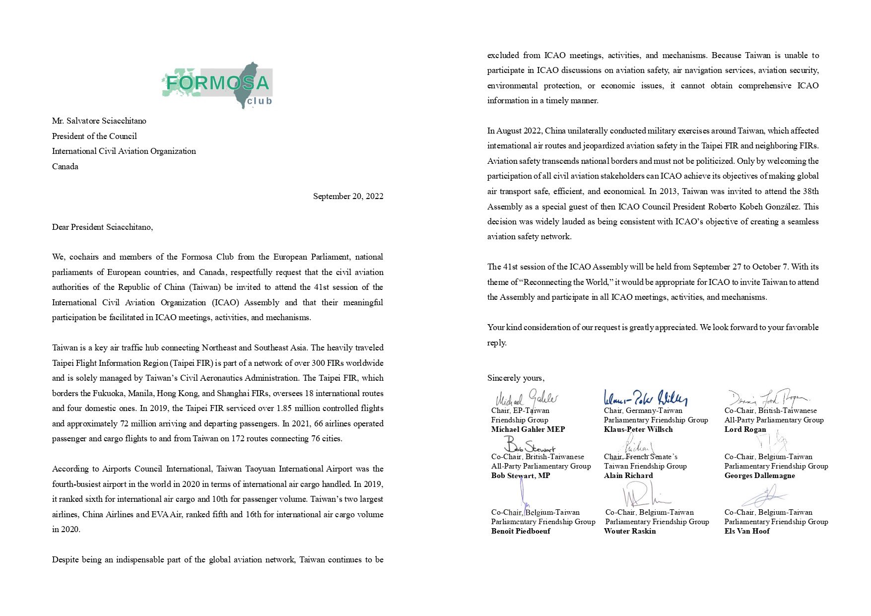 歐洲「福爾摩沙俱樂部」142位國會議員20日聯名致函ICAO理事會主席，力挺台灣受邀出席第41屆ICAO大會。(圖：The Formosa Club推特)