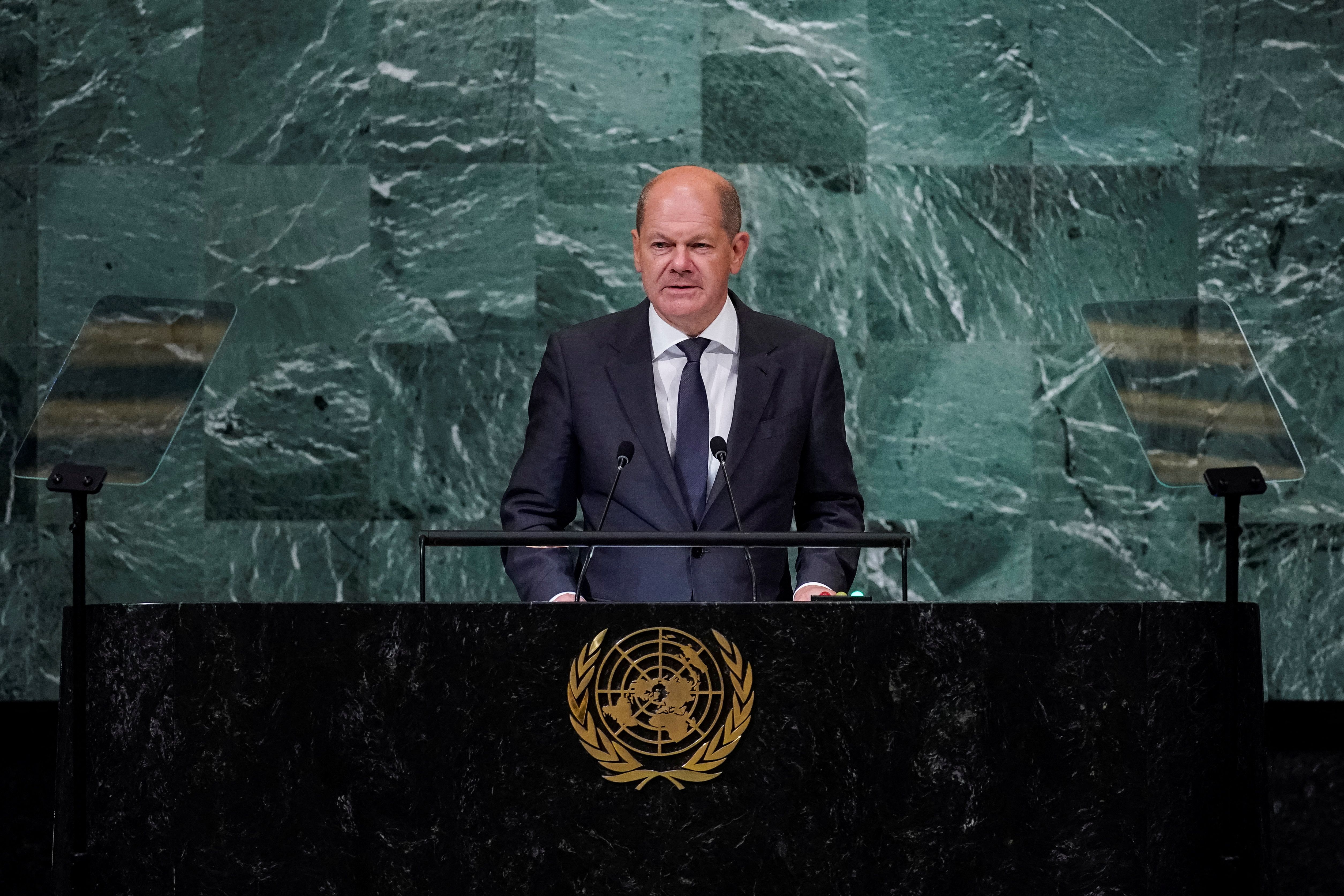 德國總理蕭茲(Olaf Scholz) 20日在紐約聯合國大會發表演說警告，世界正面臨新的分裂。 (路透社/達志影像)