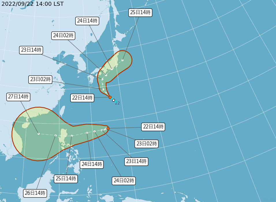 目前在西太平洋上2個熱帶低壓，23日有機會同時生成颱風。(圖：中央氣象局)
