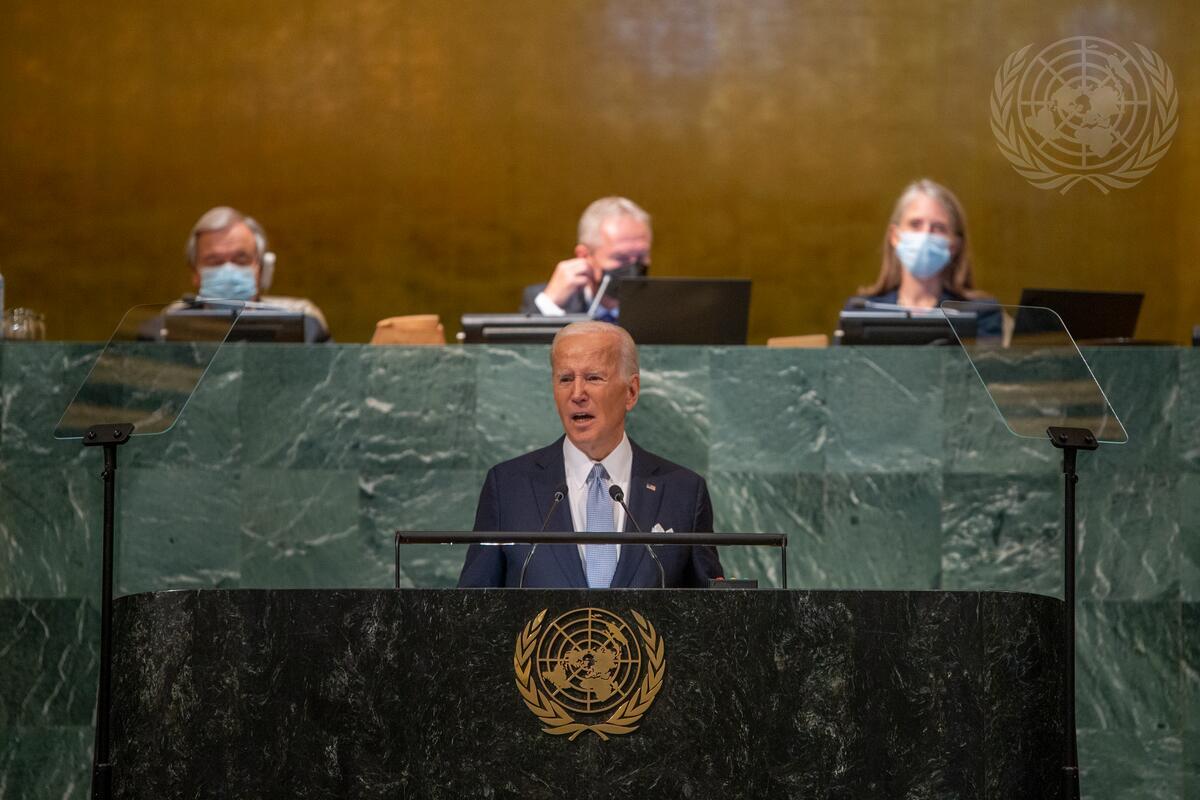 美國總統拜登21日在聯合國大會發表演說。 (UN Photo/Cia Pak)