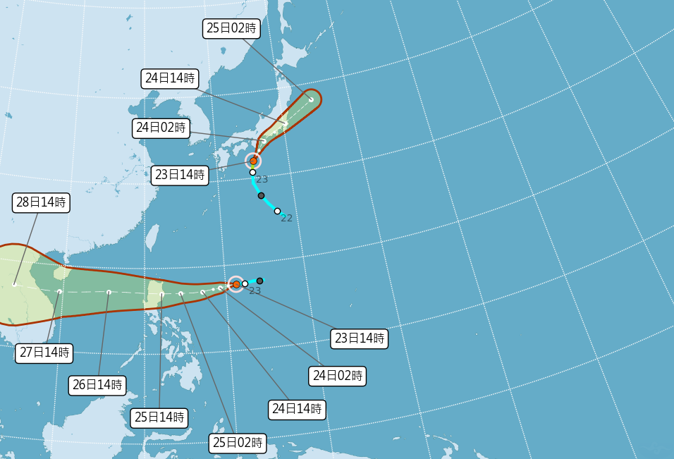 中央氣象局23日表示，目前海面上有2個輕度颱風，對台灣都無直接影響，明天東北風增強，北部及東北部應防局部大雨。(圖:中央氣象局)