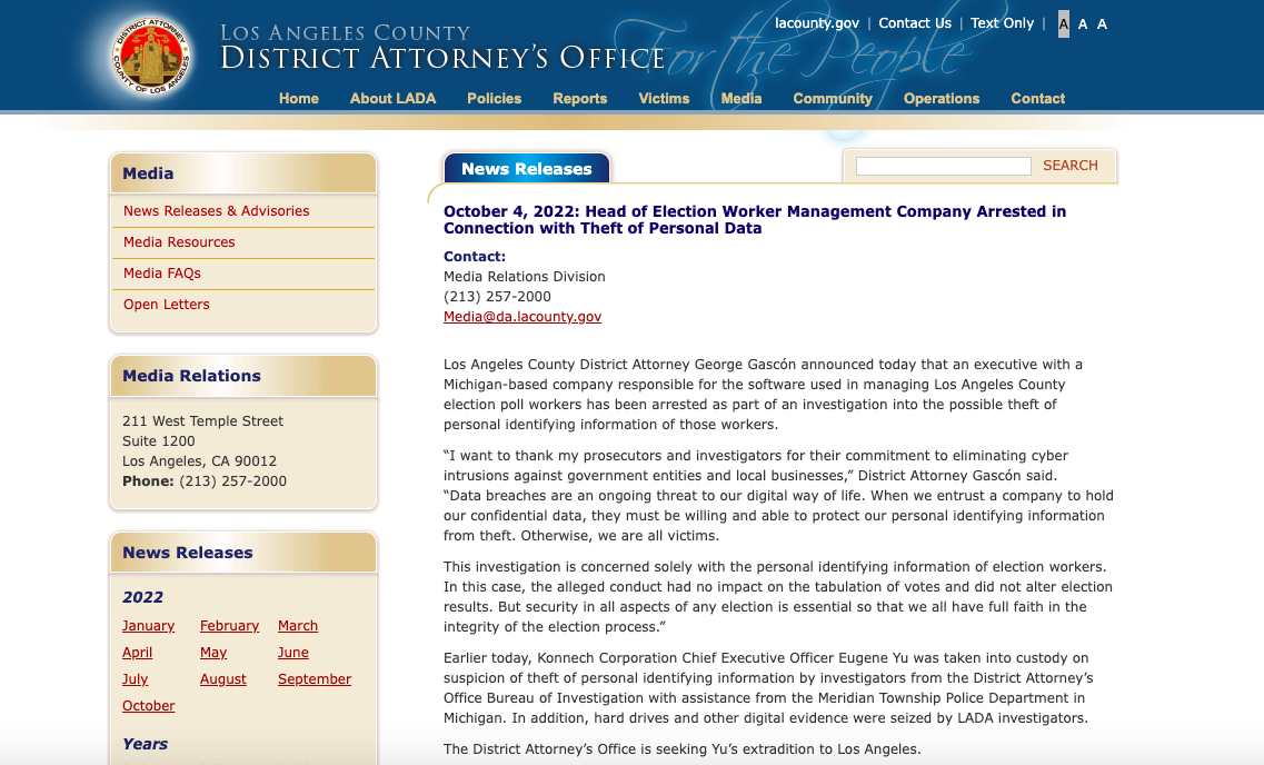 洛杉磯郡地區檢察官辦公室官網公布美國選務軟體公司宇聯網路的華裔主管于建偉(Eugene Yu）因涉嫌將訊息送往中國遭捕。（翻攝洛杉磯官網）