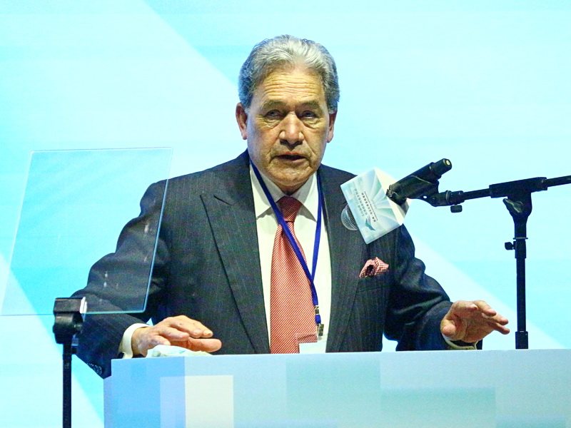 紐西蘭前副總理兼外長彼特斯(Winston Peters)7日在玉山論壇演說時表示，這個世界若有更多台灣，會變成更好的地方 (央廣記者王照坤 攝)