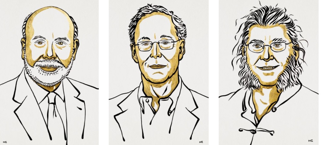 2022年諾貝爾經濟學獎，由(左起) 美國學者、前美國聯邦準備理事會主席柏南奇(Ben S.Bernanke)、美國學者戴蒙德(Douglas W. Diamond)，以及美國學者戴布維格(Philip H. Dybvig)共享榮耀。(諾貝爾獎官網)