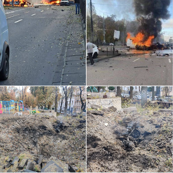 烏克蘭傳出爆炸聲響後，烏克蘭官員貼出俄羅斯飛彈落在基輔市中心一個兒童遊戲場的畫面。(Twitter/@Gerashchenko7)