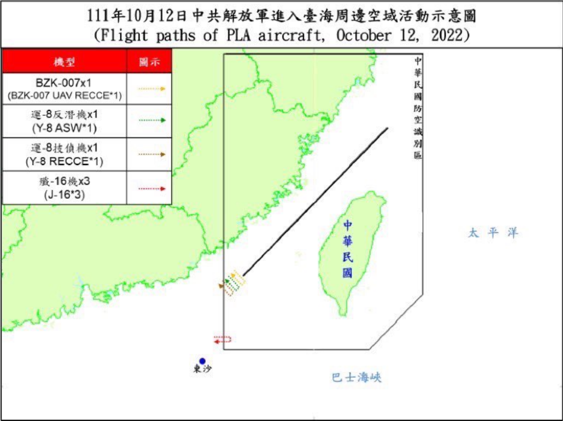 國防部12日晚上指出，截至下午5時止，偵獲共機15架次(其中6架次侵擾西南防空識別區)、共艦4艘次，持續於台灣周邊海空域活動。(國防部提供)