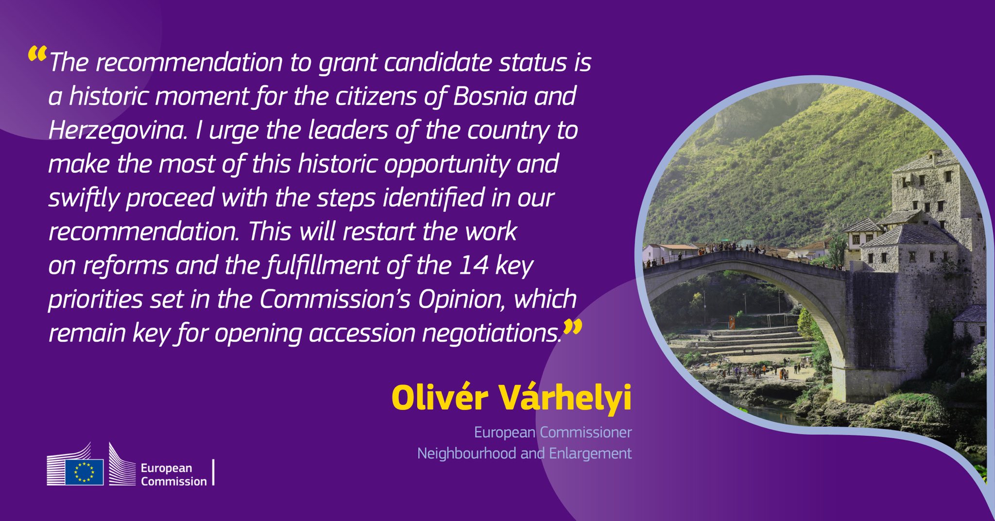 歐盟執委會執委瓦爾赫利(Oliver Varhelyi)透過推特表示，執委會已建議歐盟給予波士尼亞歐盟候選國的資格。(Oliver Varhelyi推特)