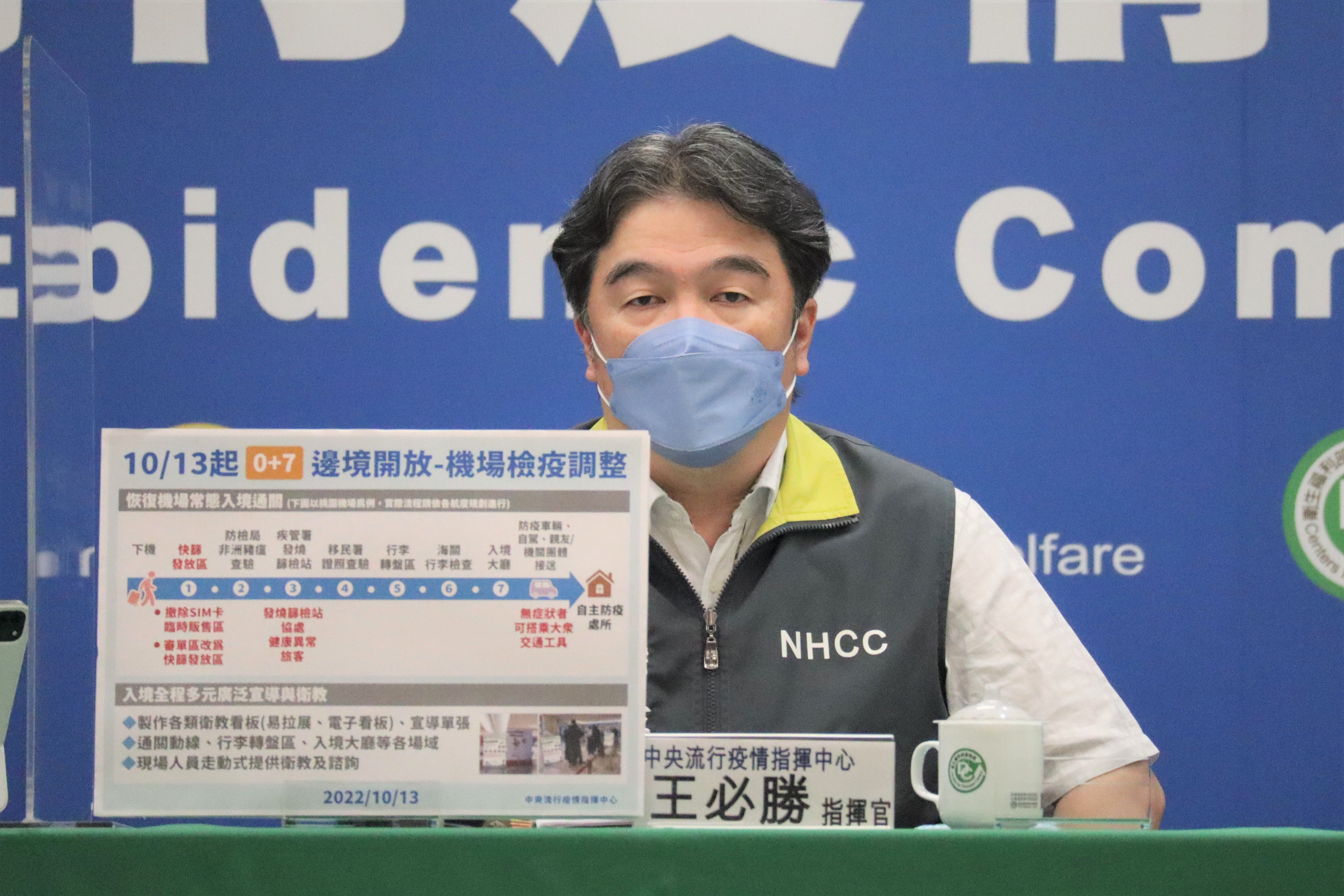 王必勝13日表示，將等到11月後才會討論鬆綁口罩令。(指揮中心提供)