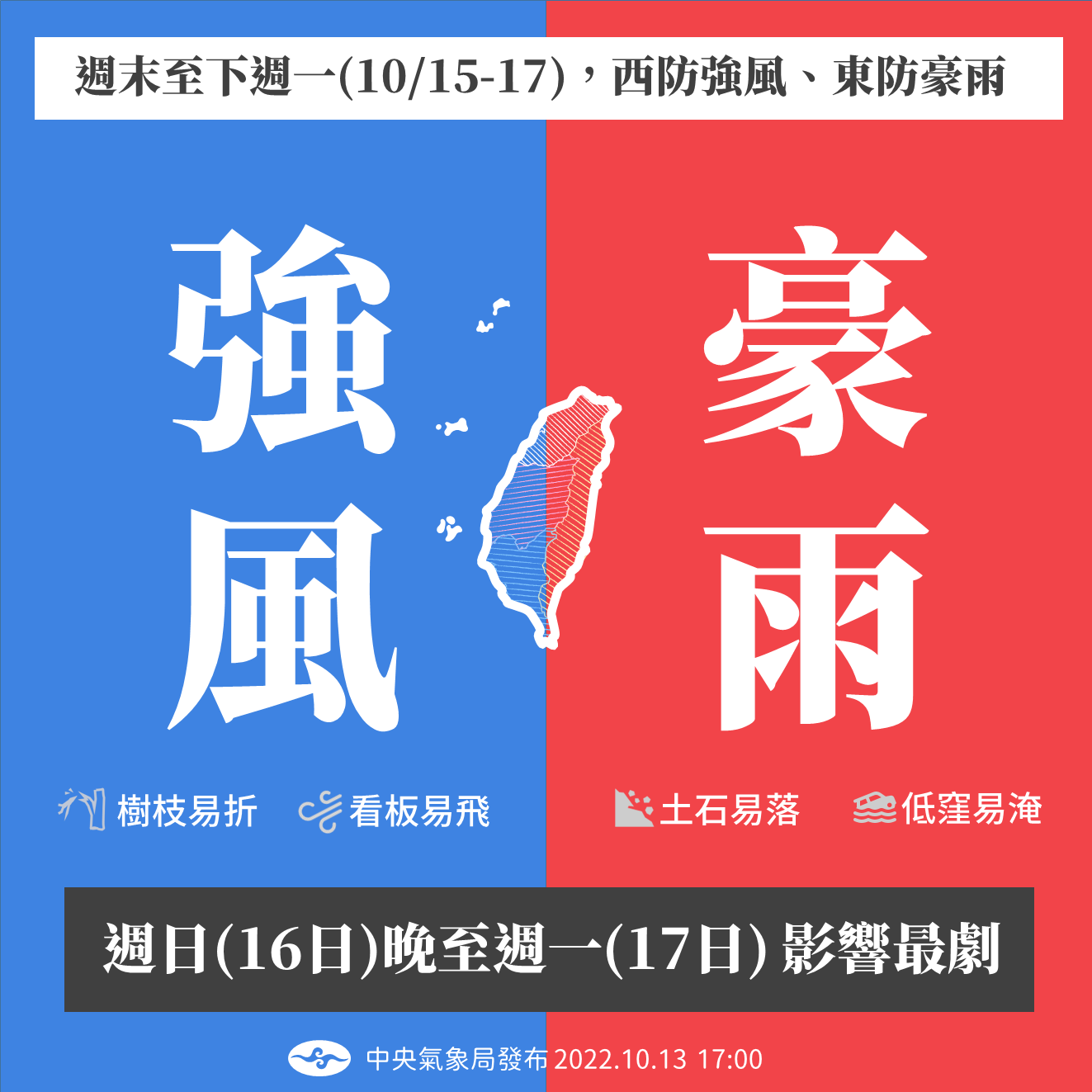 週末至下週一，西防強風，東防豪雨。(中央氣象局提供)