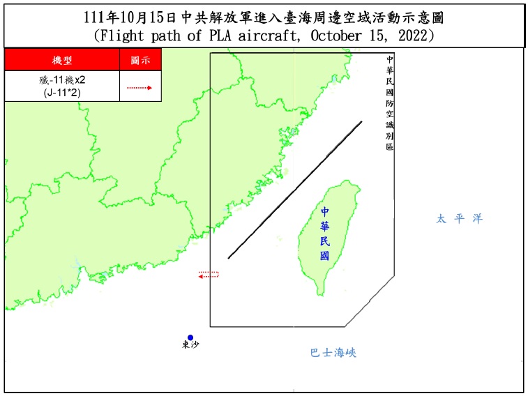10月15日我周邊空域空情動態示意圖。(圖：國防部)