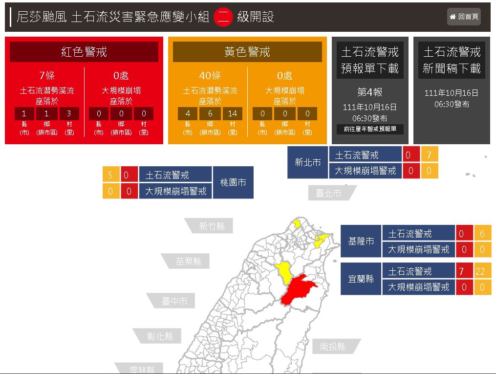 輕颱尼莎影響 宜蘭縣7條土石流紅色警戒(圖截自土石流防災資訊網)