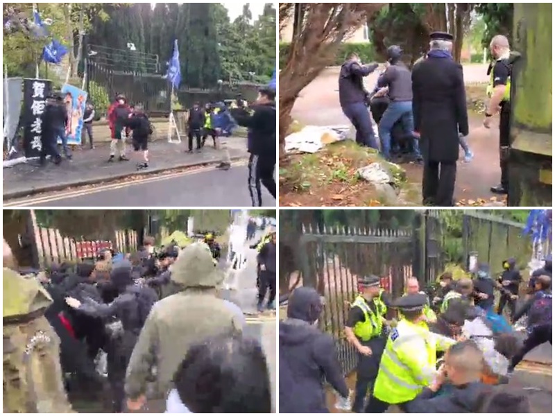 中國駐英外交官員圍毆抗議港人。合成圖。(推特)